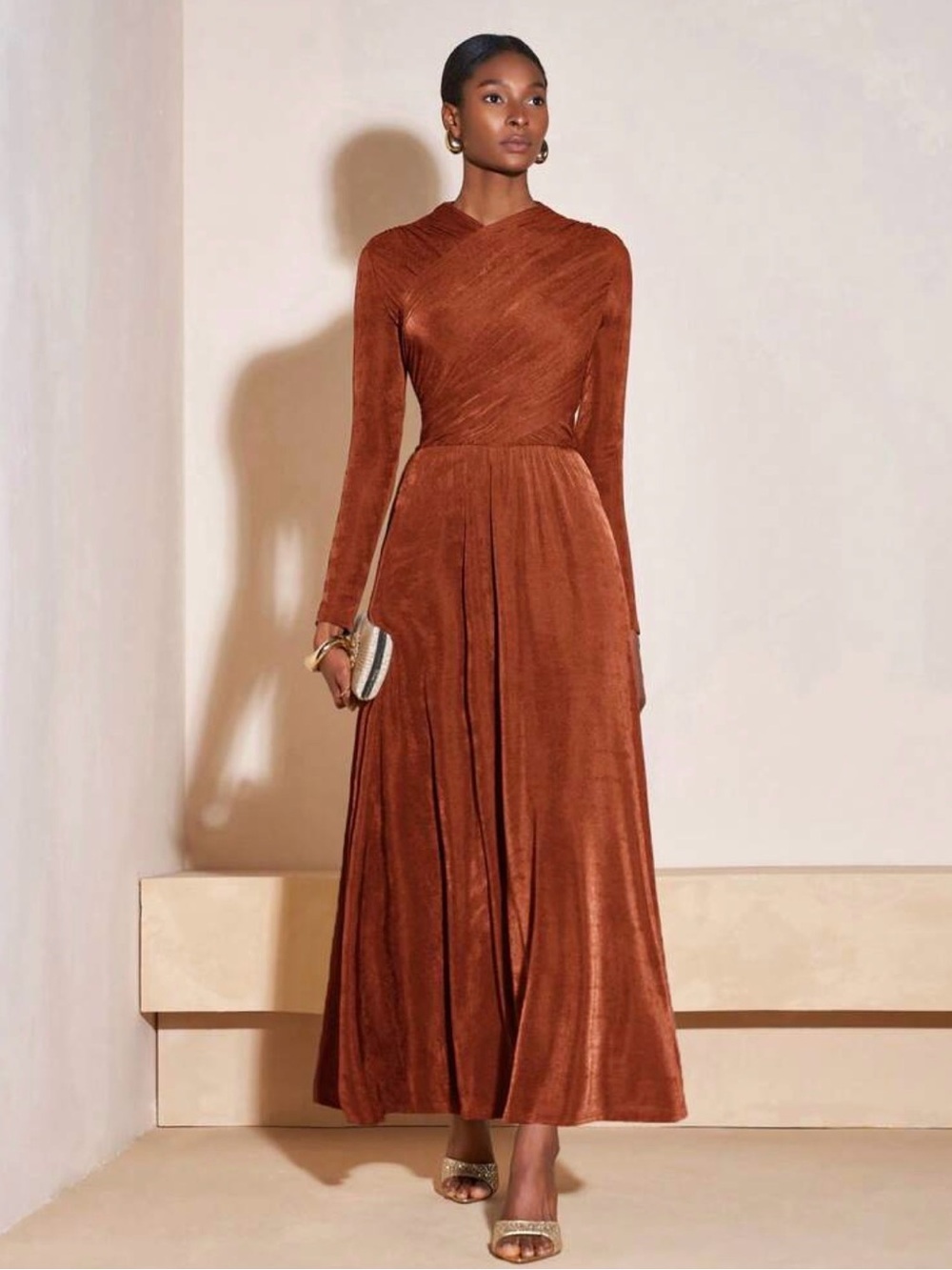 Rust Long-Sleeve Velvet Maxi Dress